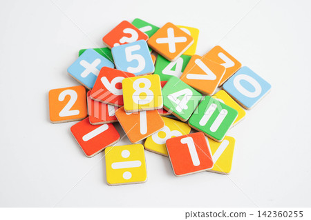 Number wood block cubes for learning Mathematic, education math. 142360255