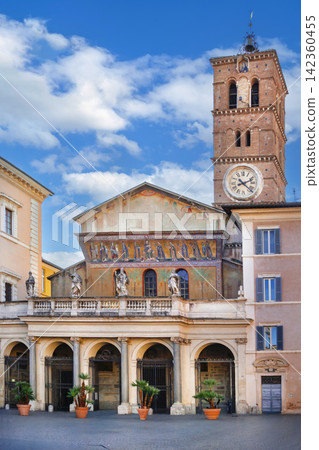 Facade of the Basilica of Our Lady in Trastevere, Rome, Italy. Golden mosaics and Romanesque architecture 142360455