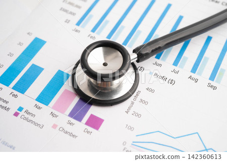 Stethoscope on chart or graph paper, Financial, account, statistics and business data medical health. 142360613