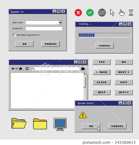 Retro 1990s Computer Interface Elements and Pixel UI Icons Collection Retro 1990s Computer Interface Elements and Pixel UI Icons Collection 142360615