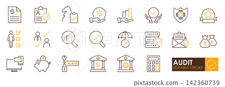 Audit checklist and financial review icons set conveying trust and compliance with warm accent, suitable for business presentations and reports Audit checklist and financial review icons set conveying trust and compliance with warm accent, suitable for business presentations and reports 142360739