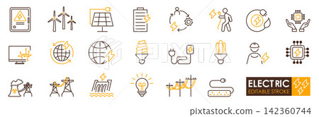 Electric power and renewable energy icons representing solar, wind, battery, grid, sustainable technology and efficient lighting with warm Electric power and renewable energy icons representing solar, wind, battery, grid, sustainable technology and efficient lighting with warm 142360744