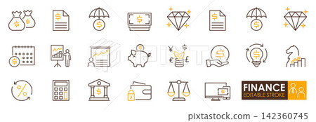 Financial icon set illustrating money, investment, savings, growth and banking concepts with clean line art conveying professional optimism Financial icon set illustrating money, investment, savings, growth and banking concepts with clean line art conveying professional optimism 142360745