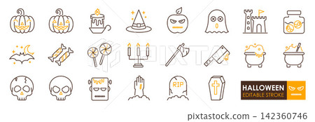 Halloween icon set, Jack o lantern pumpkin candle witch hat spooky 142360746