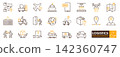 Logistics delivery icons set illustrating transport, shipment, handling and tracking with warm tones evoking efficiency and reliability 142360747