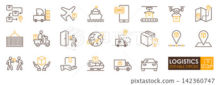 Logistics delivery icons set illustrating transport, shipment, handling and tracking with warm tones evoking efficiency and reliability Logistics delivery icons set illustrating transport, shipment, handling and tracking with warm tones evoking efficiency and reliability 142360747