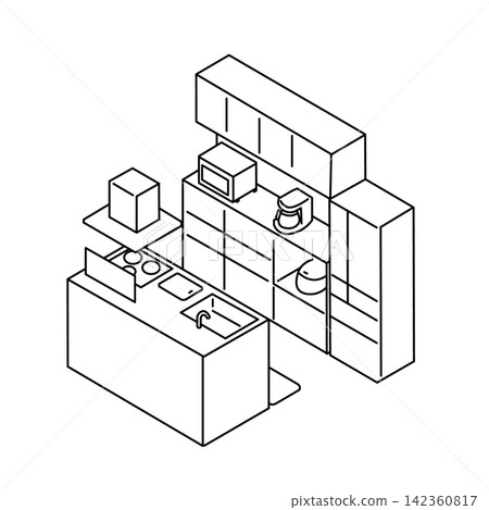 中島廚房的等距圖(線條描圖) 中島廚房的等距圖(線條描圖) 142360817