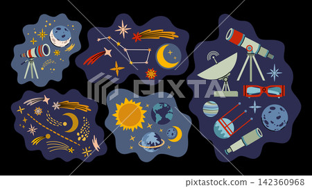 Cute hand drawn set of compositions with various planets, Earth, Saturn, Sun, Moon, lunar and solar eclipse, shooting and sparkling stars, constellations, comets, telescopes and astronomical glasses. Cute hand drawn set of compositions with various planets, Earth, Saturn, Sun, Moon, lunar and solar eclipse, shooting and sparkling stars, constellations, comets, telescopes and astronomical glasses. 142360968