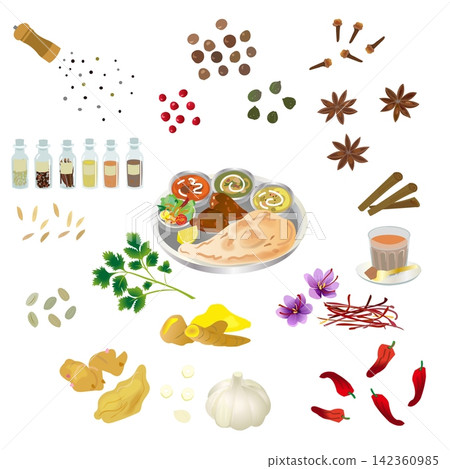 亞洲咖哩食物和印度香料的插圖 142360985