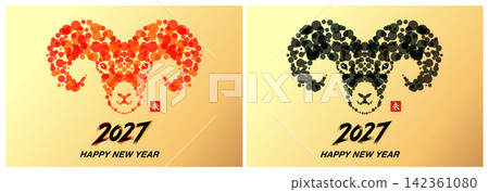 2027 Year of the Sheep New Year's card design set with sheep silhouette and polka dots on a gold background 2027 Year of the Sheep New Year's card design set with sheep silhouette and polka dots on a gold background 142361080