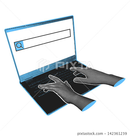 Halftone Hands Typing Laptop Search Bar White Illustration 142361239