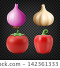 3D Vegetables Set, Common Vegetable Ingredients, Onion Garlic Tomato Bell Pepper, Vector Illustration 142361333