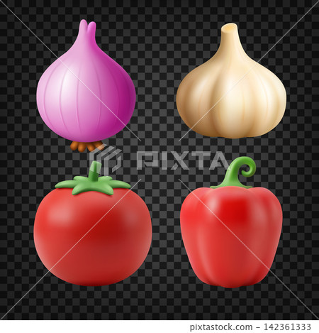 3D Vegetables Set, Common Vegetable Ingredients, Onion Garlic Tomato Bell Pepper, Vector Illustration 3D Vegetables Set, Common Vegetable Ingredients, Onion Garlic Tomato Bell Pepper, Vector Illustration 142361333