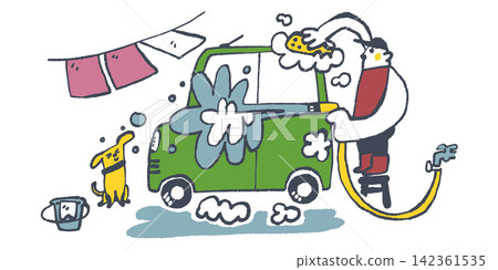 A person washes their car using a hose and sponge, while their dog watches over them. A person washes their car using a hose and sponge, while their dog watches over them. 142361535