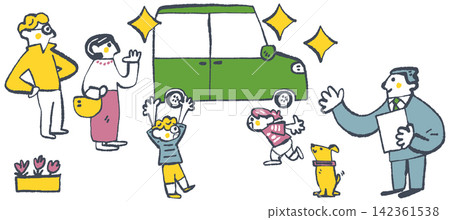 A scene of a family happily looking at a new car with a sales representative at a new car dealership. A scene of a family happily looking at a new car with a sales representative at a new car dealership. 142361538