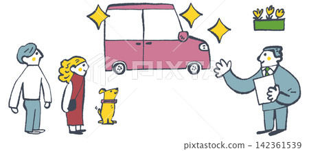 一對夫婦帶著他們的狗在一家新車經銷店裡和銷售代表一起看車。 一對夫婦帶著他們的狗在一家新車經銷店裡和銷售代表一起看車。 142361539