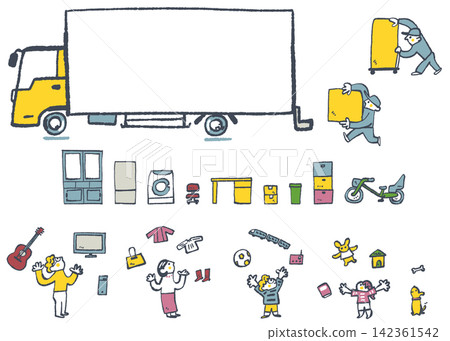 Moving workers and family members loading furniture and belongings onto a large truck. Moving workers and family members loading furniture and belongings onto a large truck. 142361542