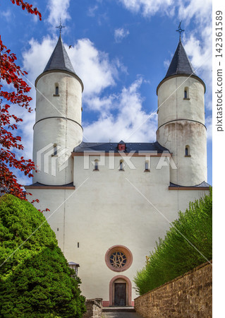 Basilica of Steinfeld Abbey facade in Steinfeld Germany. Front view of historic romanesque monastic architecture 142361589
