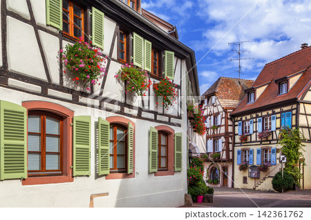 Picturesque historic street in Eguisheim Alsace France. Traditional half timbered architecture and facade under cloudy sky Picturesque historic street in Eguisheim Alsace France. Traditional half timbered architecture and facade under cloudy sky 142361762