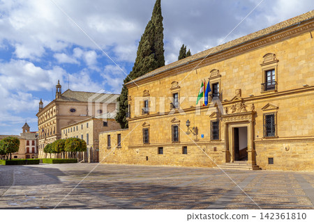Dean Ortega Palace facade with fountain in distance at Ubeda, Spain. Renaissance architecture under cloudy sky at daytime 142361810