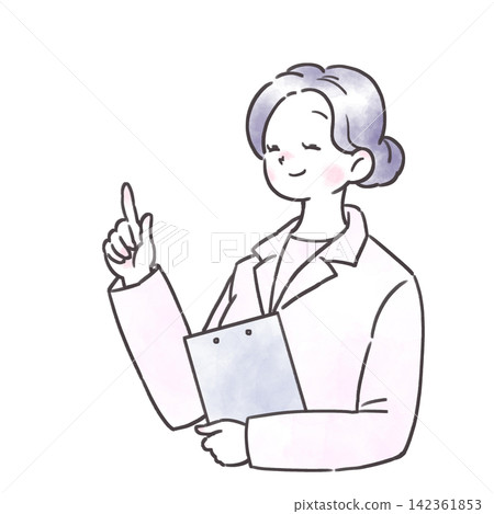 一幅插圖,描繪了一位身穿白大褂的年輕女子手持文件,指著文件微笑。 一幅插圖,描繪了一位身穿白大褂的年輕女子手持文件,指著文件微笑。 142361853