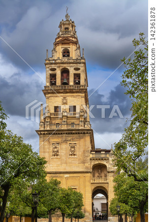 Bell tower of Mosque Cathedral of Cordoba, Spain. Renaissance and baroque architecture, soft cloudy sky, no people Bell tower of Mosque Cathedral of Cordoba, Spain. Renaissance and baroque architecture, soft cloudy sky, no people 142361878