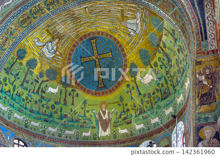 Altar mosaic in Basilica of Saint Apollinaris in Classe near Ravenna, Italy. Byzantine art and indoor lighting style Altar mosaic in Basilica of Saint Apollinaris in Classe near Ravenna, Italy. Byzantine art and indoor lighting style 142361960