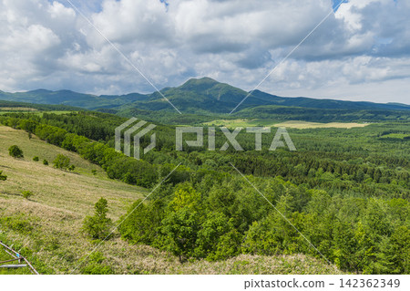 Japan - A view of Mount Musa and the lush green nature in early summer from Kaiyodai in Nakashibetsu Town, Hokkaido. 142362349