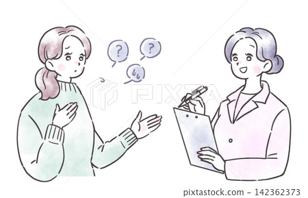 An illustration of a woman with an anxious expression talking about her troubles, and a smiling woman in a white coat listening while taking notes. An illustration of a woman with an anxious expression talking about her troubles, and a smiling woman in a white coat listening while taking notes. 142362373