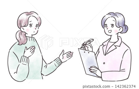 一幅插圖描繪了一位表情焦慮的女子正在傾訴她的煩惱,一位身穿白大褂、面帶微笑的女子正在聆聽並做筆記。 一幅插圖描繪了一位表情焦慮的女子正在傾訴她的煩惱,一位身穿白大褂、面帶微笑的女子正在聆聽並做筆記。 142362374