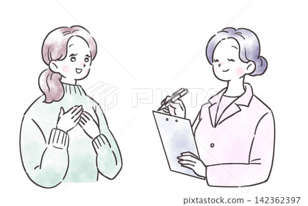 一幅插圖描繪了一位手放在胸前、表情如釋重負的女士,以及一位身穿白大褂、面帶微笑的女士一邊聽一邊做筆記。 一幅插圖描繪了一位手放在胸前、表情如釋重負的女士,以及一位身穿白大褂、面帶微笑的女士一邊聽一邊做筆記。 142362397