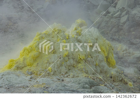 Yellow sulfurous rocks and white smoke spread across Mount Atosanupuri (Sulfur Mountain) in Teshikaga Town, Hokkaido, Japan. Yellow sulfurous rocks and white smoke spread across Mount Atosanupuri (Sulfur Mountain) in Teshikaga Town, Hokkaido, Japan. 142362672