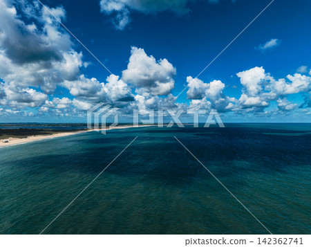 High angle wide horizontal aerial drone photograph of North Sea coastline, sand beach, dune nature reserve, and cloudscape at Neeltje Jans, Zeeland, Netherlands on sunny summer day High angle wide horizontal aerial drone photograph of North Sea coastline, sand beach, dune nature reserve, and cloudscape at Neeltje Jans, Zeeland, Netherlands on sunny summer day 142362741