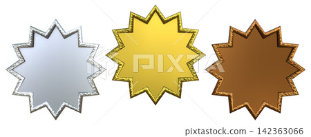 Gold, Silver, and Bronze Star-Shaped Ranking Badge Set (3D Metallic Material) Gold, Silver, and Bronze Star-Shaped Ranking Badge Set (3D Metallic Material) 142363066