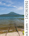 Japan, Hokkaido, Kushiro City: A view of Lake Akan in its fresh greenery, Mount Oakan, and the lakeside railway. 142363092
