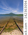 Japan, Hokkaido, Kushiro City: A view of Lake Akan in its fresh greenery, Mount Oakan, and the lakeside railway. 142363094
