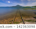 Japan, Hokkaido, Kushiro City: A view of Lake Akan in its fresh greenery, Mount Oakan, and the lakeside railway. 142363098