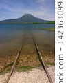 Japan, Hokkaido, Kushiro City: A view of Lake Akan in its fresh greenery, Mount Oakan, and the lakeside railway. 142363099