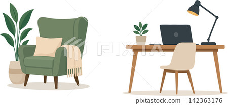 Vsai home office remote working setup with comfortable armchair Vsai home office remote working setup with comfortable armchair 142363176