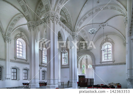 Interior of main hall in Great Choral Synagogue in Grodno, Belarus. Historic Jewish religious architecture in ambient light 142363353