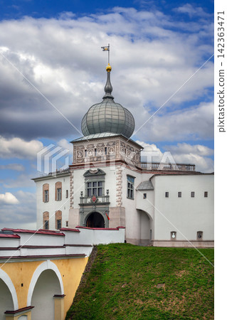 Vertical view of Old Castle from ravine edge in Grodno, Belarus. Historic fortress architecture scenery under daylight Vertical view of Old Castle from ravine edge in Grodno, Belarus. Historic fortress architecture scenery under daylight 142363471