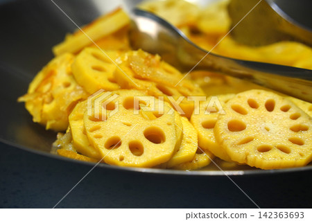 Sweet and savory braised lotus root side dish, Yeongeun-jorim, Korean traditional cuisine close up 142363693