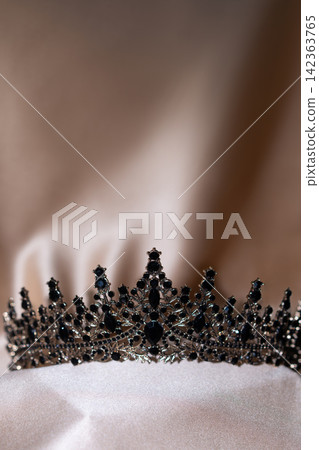 Elegant Black Crystal Crown, Tiara on Beige Gold Fabric. 142363765