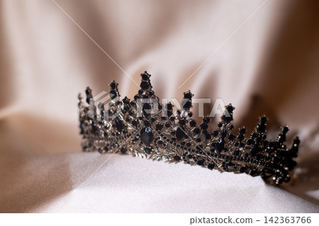 Elegant Black Crystal Crown, Tiara on Beige Gold Fabric. 142363766