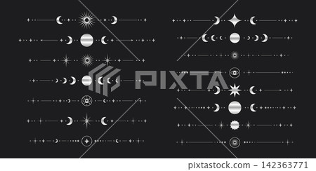Set of silver tarot dividers and separators with moon stars and sun Set of silver tarot dividers and separators with moon stars and sun 142363771