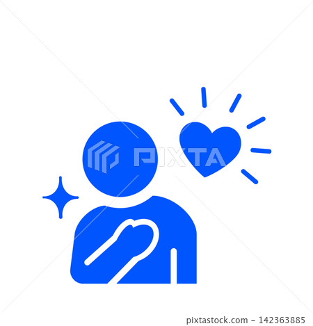 A pictogram (blue) of a person placing their hand on their chest with gratitude or sincerity. A pictogram (blue) of a person placing their hand on their chest with gratitude or sincerity. 142363885