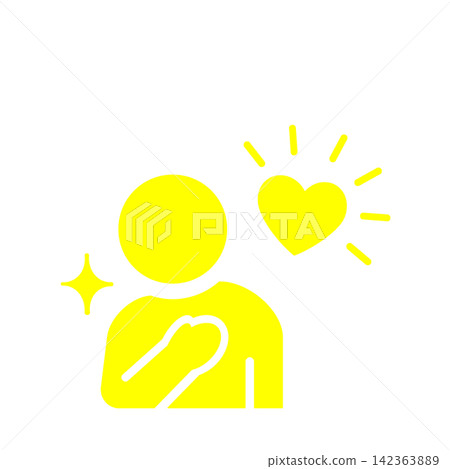 A pictogram (yellow) of a person placing their hand on their chest with gratitude or sincerity. A pictogram (yellow) of a person placing their hand on their chest with gratitude or sincerity. 142363889