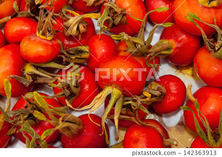 Raw Ripe Orange Rosehip Berries. Raw Ripe Orange Rosehip Berries. 142363913
