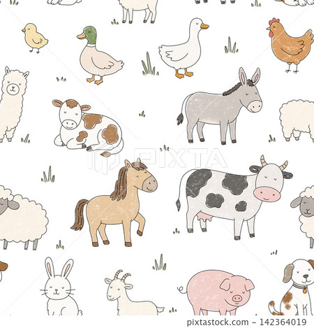 Chalk hand drawn barnyard seamless pattern Chalk hand drawn barnyard seamless pattern 142364019