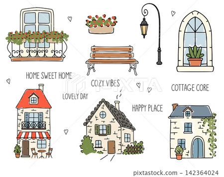 Hand drawn european town houses elements set Hand drawn european town houses elements set 142364024